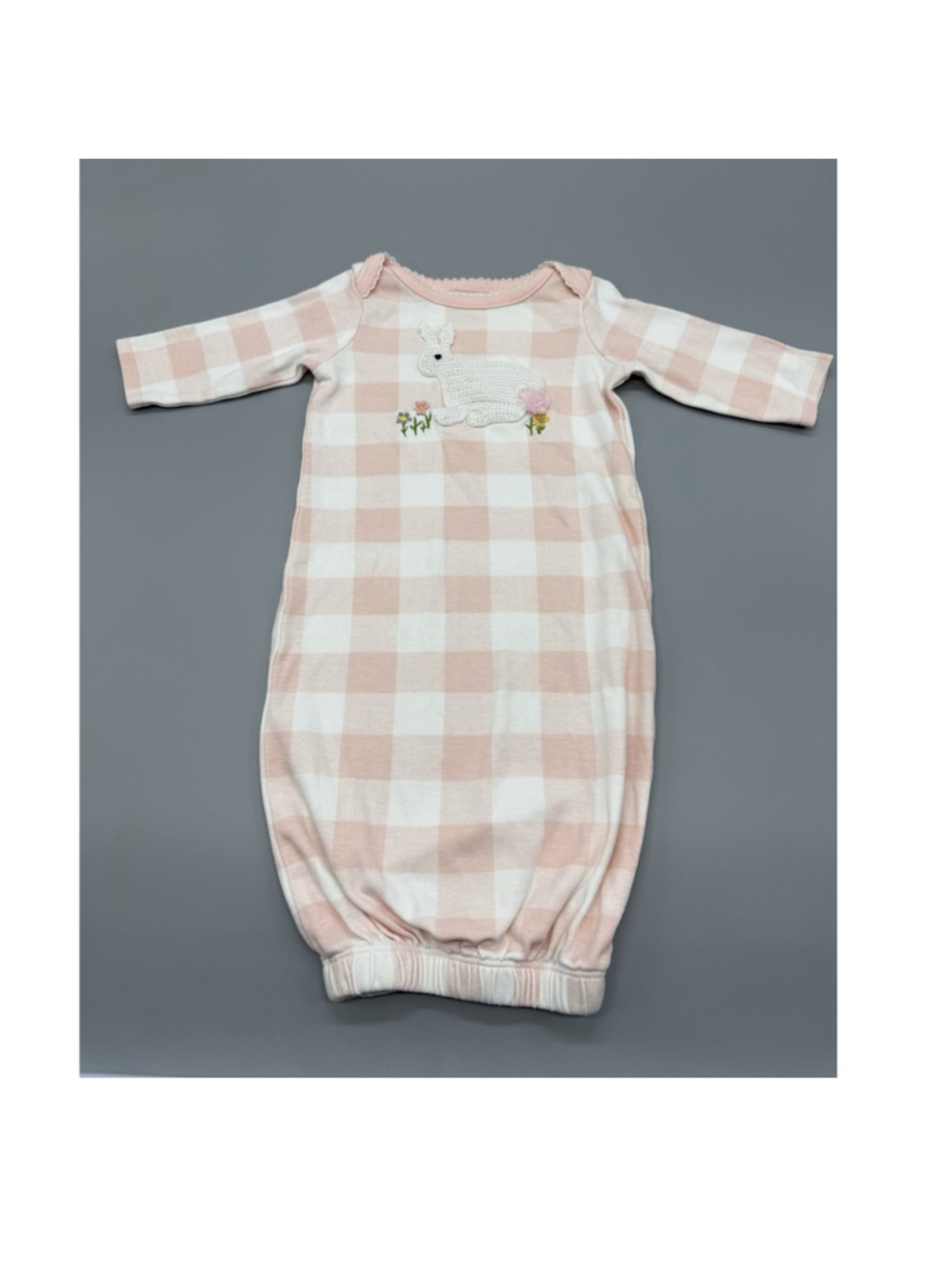 Mud Pie Pink White Checked Bunny Embroidered Gown 0-3M Long Sleeve